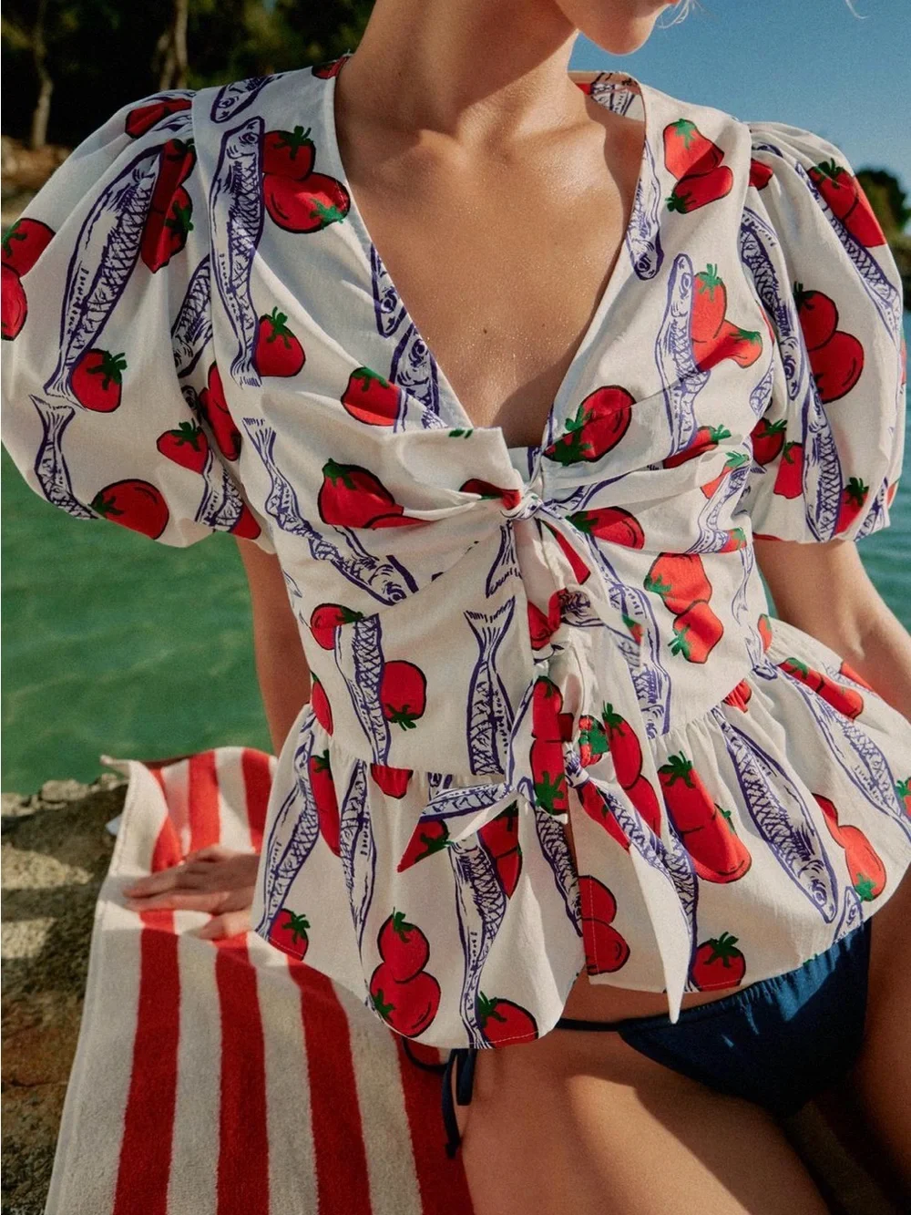Zara Tomato & Sardines Print Puff Sleeves Top Blouse